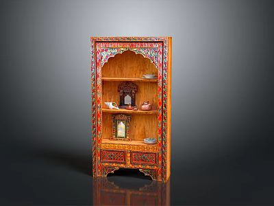 Wooden Cabinet With Open Shelves And Colorful Decorative Patterns Displaying Small Items 3d model
