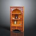 Wooden Cabinet With Open Shelves And Colorful Decorative Patterns Displaying Small Items