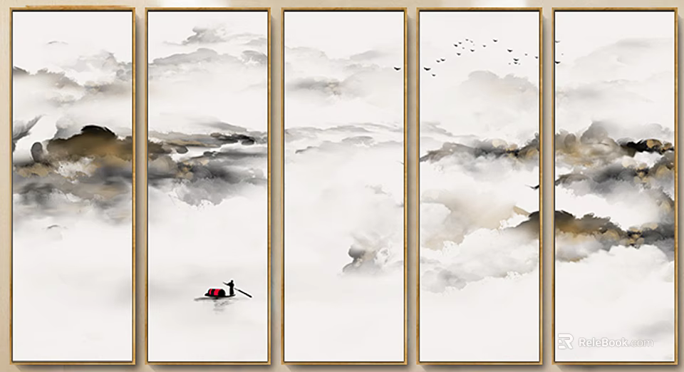 Five Panel Ink Wash Painting With Small Boat Flying Birds And Misty Mountains 3d model 