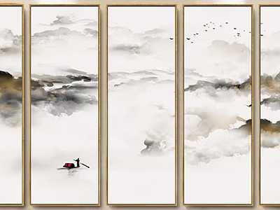 Five Panel Ink Wash Painting With Small Boat Flying Birds And Misty Mountains 3d model
