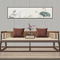 Classic Chinese Style Luohan Bed With Wooden Frame Brown Pillows And Decorative Wall Art