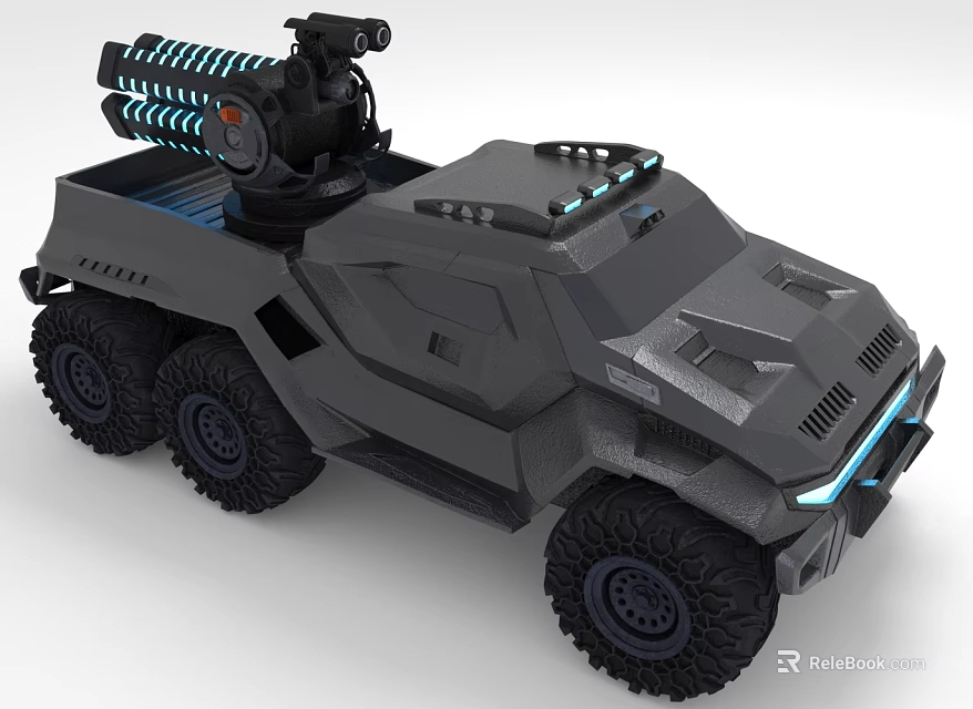 Futuristic Six Wheeled Armored Vehicle With Roof Mounted Gatling Gun Gray Body And Blue Lights 3d model 