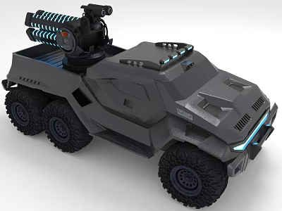 Futuristic Six Wheeled Armored Vehicle With Roof Mounted Gatling Gun Gray Body And Blue Lights 3d model