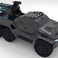 Futuristic Six Wheeled Armored Vehicle With Roof Mounted Gatling Gun Gray Body And Blue Lights