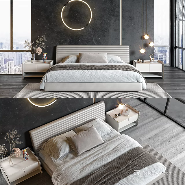 Modern Double Bed Bedroom Interior With Nightstands Lamps And Window View 3d model 