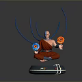 Futuristic Statue Sitting On Round Base With Blue Curved Tentacles And Red Blue Circular Objects