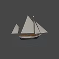 Wooden Sailboat With White Sails Floating On Blue Water Surface
