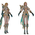 Game Fantasy Character In Elaborate Costume With Gold Blue Accents And Winged Shoulder Armor