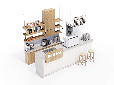 Milk Tea Bar Counter with Various Drinks on Wooden Shelves and Stools 3d model