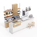 Milk Tea Bar Counter with Various Drinks on Wooden Shelves and Stools
