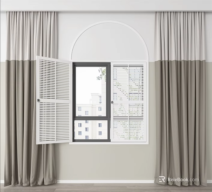 Two Tone Grey And Beige Curtains With White Shutters On Arched Window Frame 3d model 