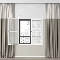 Two Tone Grey And Beige Curtains With White Shutters On Arched Window Frame