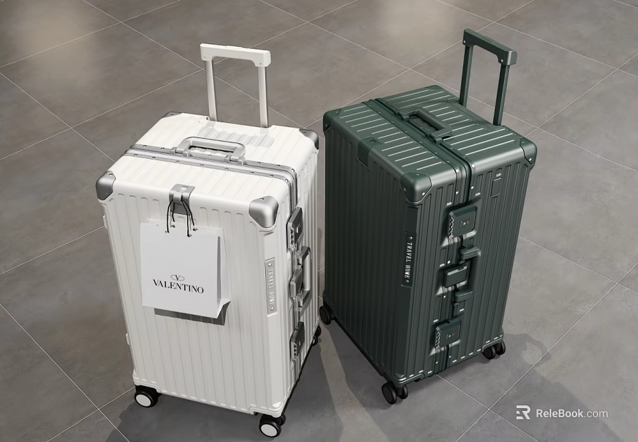 Two White and Dark Green Suitcases with Valentino Label on Grey Tile Floor 3d model 