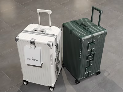 Two White and Dark Green Suitcases with Valentino Label on Grey Tile Floor 3d model