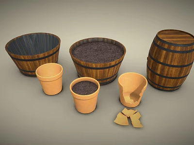 Garden Decorative Items with Wooden Barrels Terracotta Pots Soil and Broken Pieces 3d model