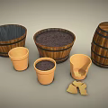 Garden Decorative Items with Wooden Barrels Terracotta Pots Soil and Broken Pieces