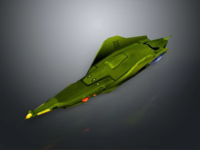 Futuristic Green Spaceship Model with Streamlined Design and Pointed Front and Red Yellow Bottom Lights 3d model