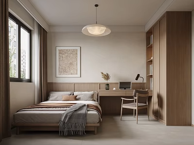 Modern Bedroom Interior Design With Striped Bedspread Window Curtains Wall Art And Wooden Wardrobe 3d model
