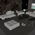 Modern Linen Sofa and Marble Coffee Table Set in Living Room with Stone Wall