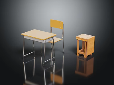Simple Wooden Desk Chair And Metal Legs Side Table Furniture Set 3d model