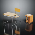Simple Wooden Desk Chair And Metal Legs Side Table Furniture Set