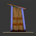 Wooden Panel Structure With Blue Frame Orange Roof And Green Details On Platform Base
