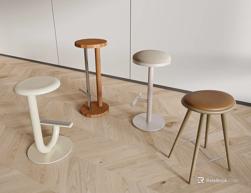 Modern Minimalist Bar Stools with Various Designs and Colors on Wooden Floor 3d model 