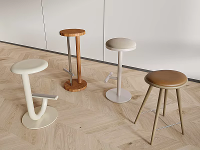 Modern Minimalist Bar Stools with Various Designs and Colors on Wooden Floor 3d model