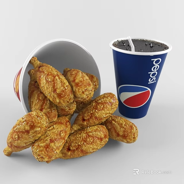 Delicious Golden Crispy Fried Chicken Wings With Cold Refreshing Pepsi Drink 3d model 