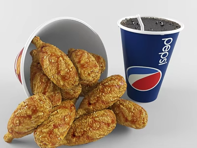Delicious Golden Crispy Fried Chicken Wings With Cold Refreshing Pepsi Drink 3d model
