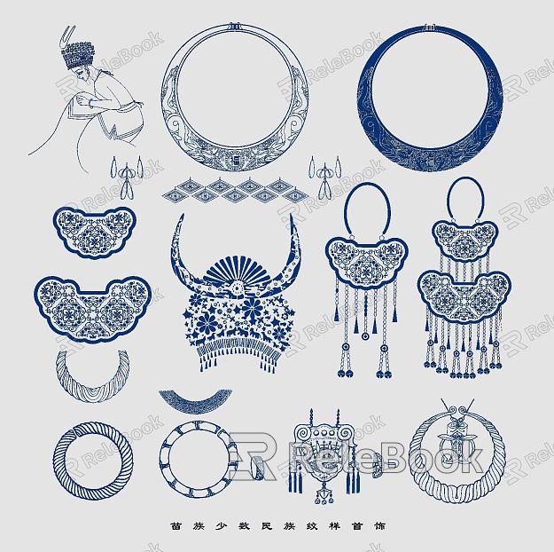 Miao Minority Elements Figure Jewelry Headwear Pattern Hollow Carving Traditional Decorative Pattern model