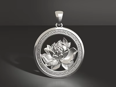 Silver Circular Jewelry Pendant With Intricate Lotus Flower Design And Border Decoration 3d model