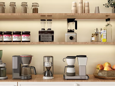 Cozy Kitchen Interior With Shelves Jars Coffee Makers Blenders And Fresh Fruits 3d model