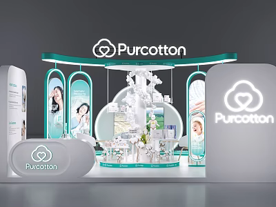 Purcotton Exhibition Booth Design With Curved Top Glass Cabinets And Product Displays 3d model