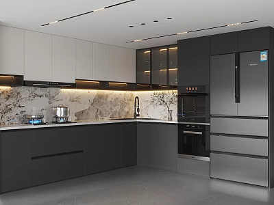 Modern Kitchen Interior With Dark Cabinets Island Counter Stainless Steel Appliances And Marble Backsplash 3d model
