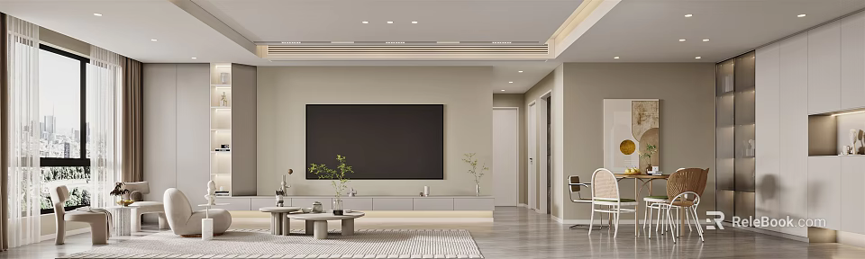 Modern Living Dining Room Interior With Large TV Wall Coffee Table And Potted Plants 3d model 