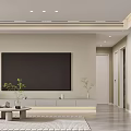 Modern Living Dining Room Interior With Large TV Wall Coffee Table And Potted Plants