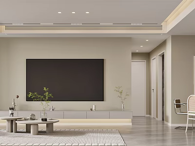 Modern Living Dining Room Interior With Large TV Wall Coffee Table And Potted Plants 3d model