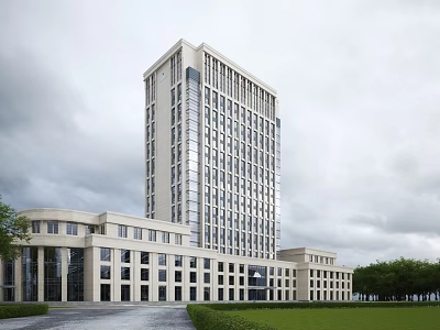 Modern High-Rise Office Building With Glass Curtain Wall Classical Base Green Lawn And Trees 3d model