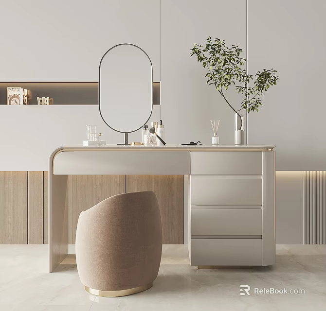 Modern Minimalist Dressing Table With Round Mirror Drawers Chair Cosmetics And Potted Plant 3d model 