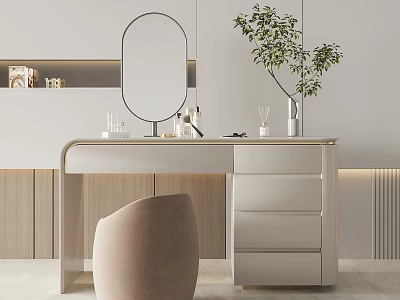 Modern Minimalist Dressing Table With Round Mirror Drawers Chair Cosmetics And Potted Plant 3d model