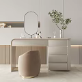 Modern Minimalist Dressing Table With Round Mirror Drawers Chair Cosmetics And Potted Plant
