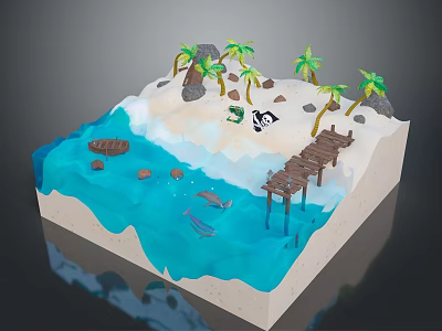 Tropical Beach Scene With White Sand Blue Water Palm Trees And Wooden Pier 3d model