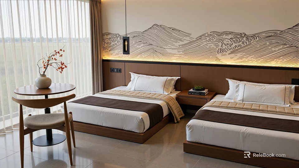 Modern Hotel Guest Room Interior With Twin Beds Mountain Painting Curtains Table And Chair 3d model 