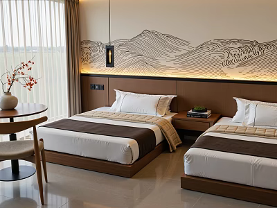 Modern Hotel Guest Room Interior With Twin Beds Mountain Painting Curtains Table And Chair 3d model