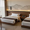 Modern Hotel Guest Room Interior With Twin Beds Mountain Painting Curtains Table And Chair