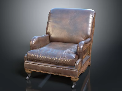 Vintage Brown Leather Armchair With Armrests Wheeled Legs And Stitched Details 3d model