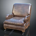Vintage Brown Leather Armchair With Armrests Wheeled Legs And Stitched Details