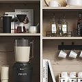 Kitchenware Organized On Wooden Shelves With Kettle Cups Blender And Jars