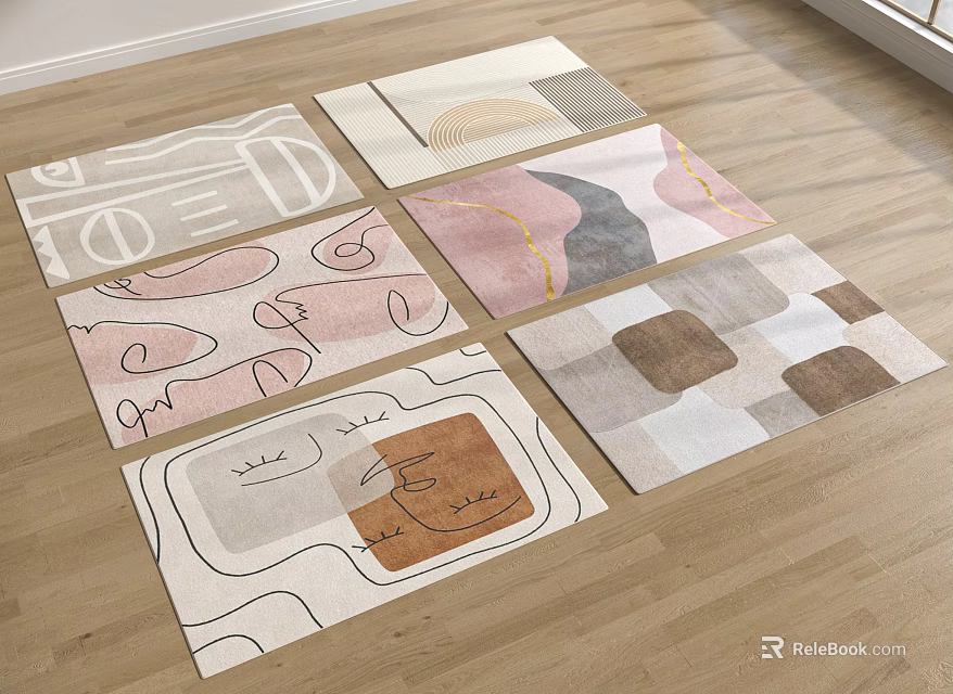 Six Modern Square Rugs With Abstract Patterns And Soft Hues 3d model